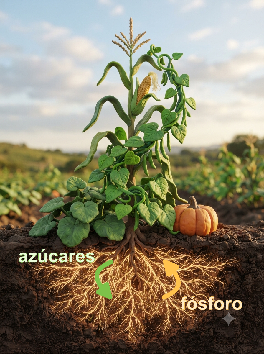 La milpa y su red de micorrizas: la planta da azúcares y el hongo le entrega fósforo